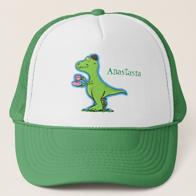 Cute funny green t rex dinosaur cartoon trucker hat (Front)