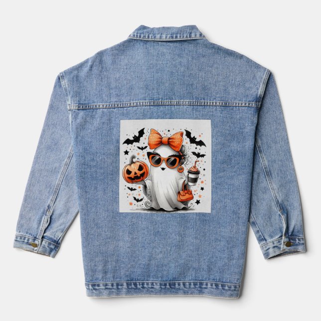 Cute Funny Halloween Ghost Denim Jacket (Back)