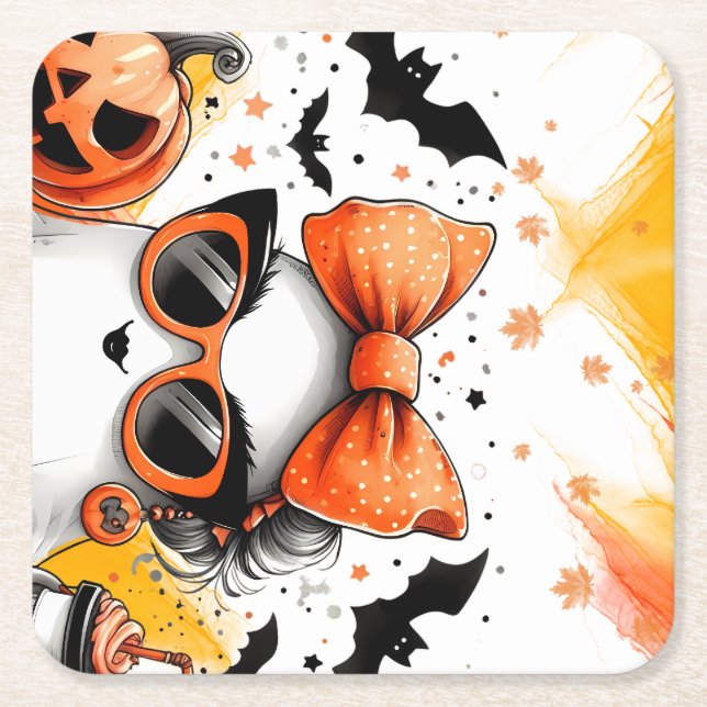 Cute Funny Halloween Ghost Square Paper Coaster (Front)