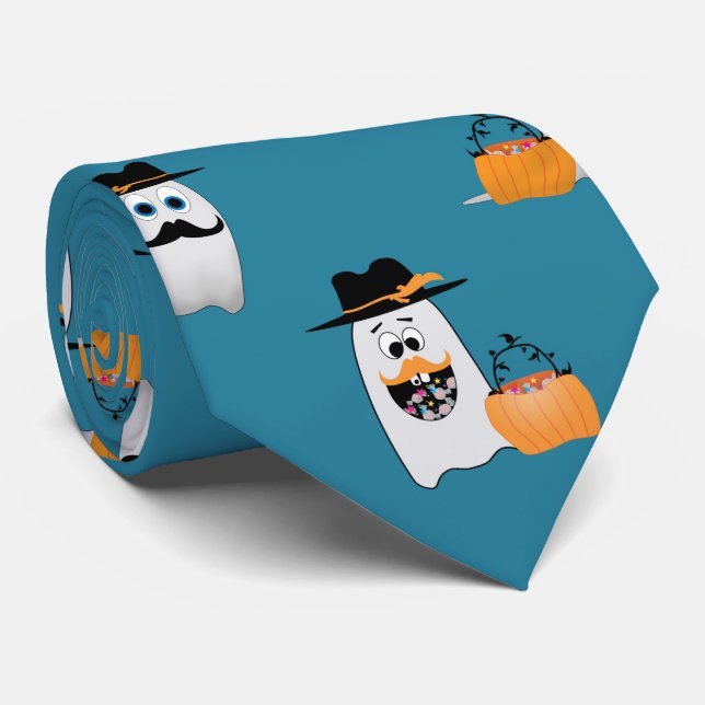 Cute funny Halloween ghost with Cool moustache tie (Rolled)