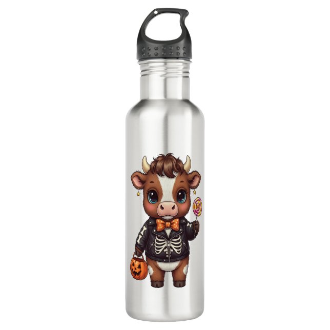 Cute Funny Halloween Highland Cow 710 Ml Water Bottle (Front)