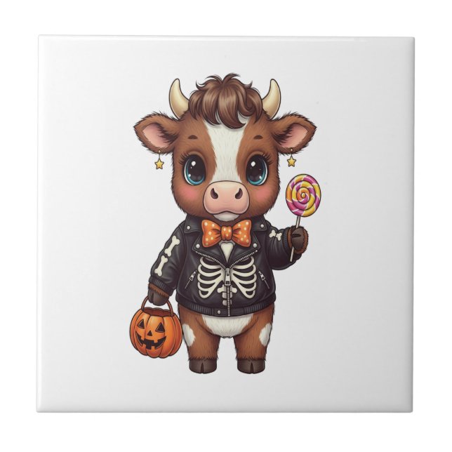 Cute Funny Halloween Highland Cow Ceramic Tile (Front)