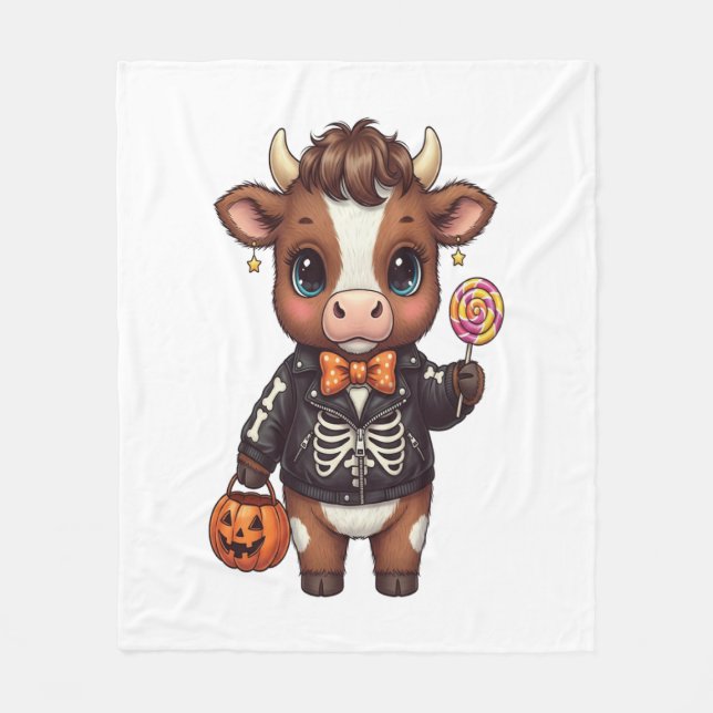 Cute Funny Halloween Highland Cow Fleece Blanket (Front)