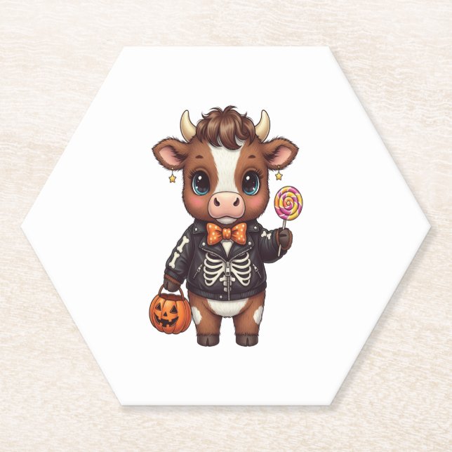 Cute Funny Halloween Highland Cow Paper Coaster (Front)