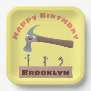 Cute, funny hammer and nails cartoon birthday paper plate