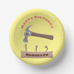 Cute, funny hammer and nails cartoon birthday paper plate