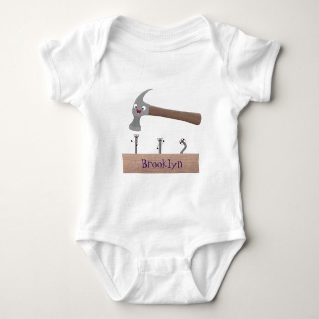 Cute, funny hammer and nails cartoon illustration baby bodysuit (Front)