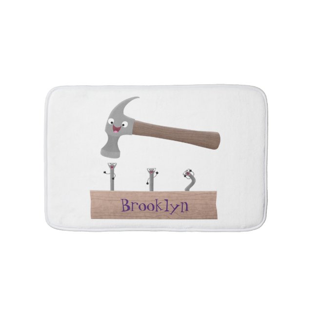 Cute, funny hammer and nails cartoon illustration bath mat (Front)