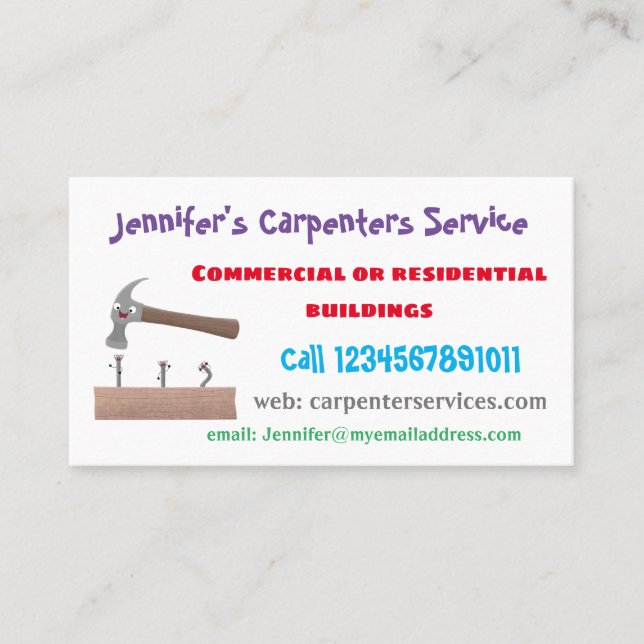 Cute, funny hammer and nails cartoon illustration business card (Front)