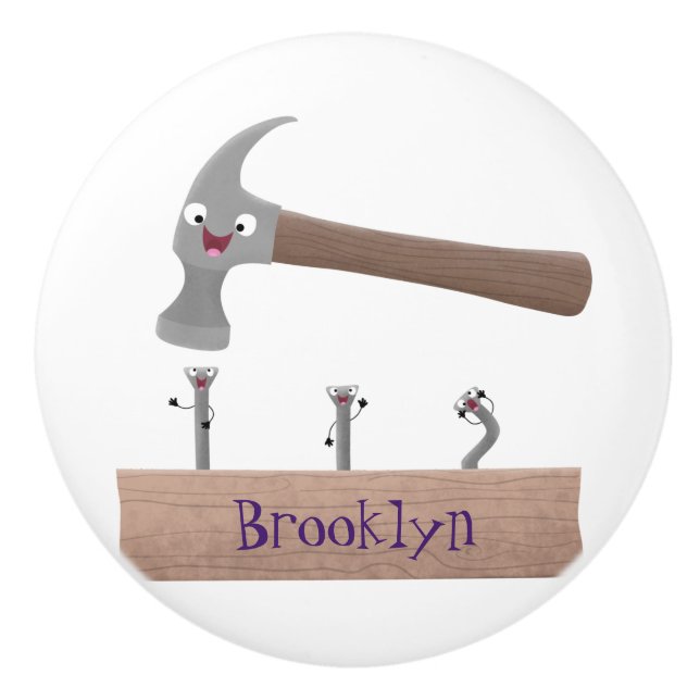 Cute, funny hammer and nails cartoon illustration  ceramic knob (Front)