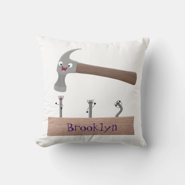 Cute, funny hammer and nails cartoon illustration  cushion (Front)