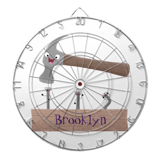 Cute, funny hammer and nails cartoon illustration dartboard (Front)