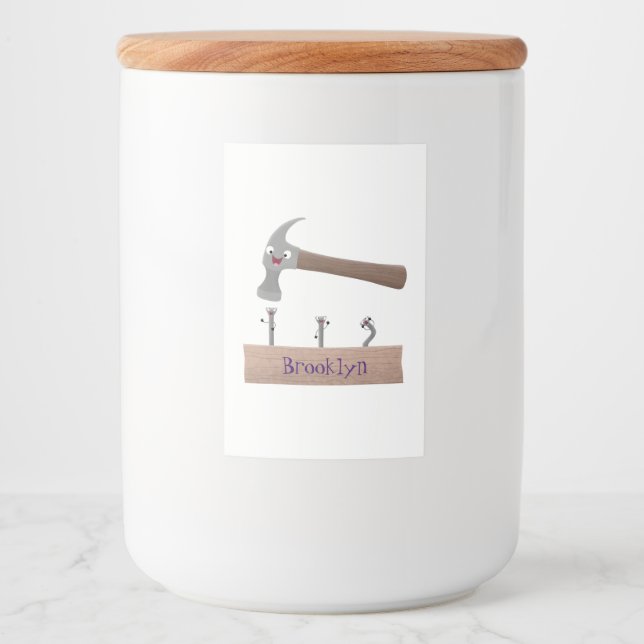 Cute, funny hammer and nails cartoon illustration  food label (Front)