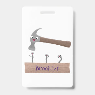 Cute, funny hammer and nails cartoon illustration  ID badge