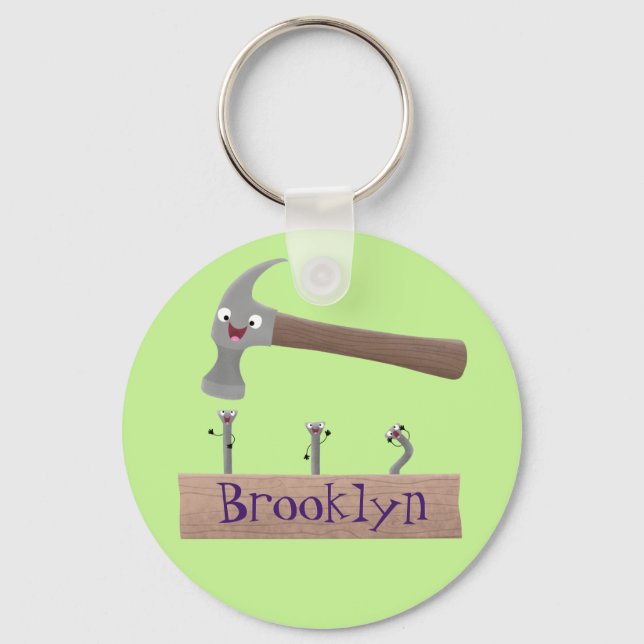 Cute, funny hammer and nails cartoon illustration key ring (Front)