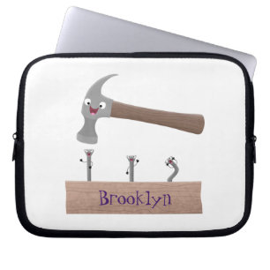 Cute, funny hammer and nails cartoon illustration laptop sleeve