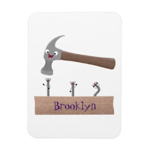 Cute, funny hammer and nails cartoon illustration magnet