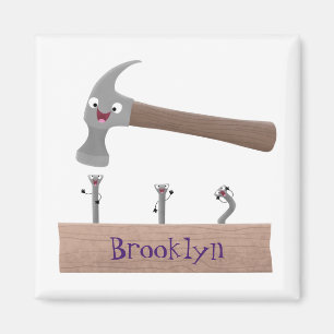 Cute, funny hammer and nails cartoon illustration magnet