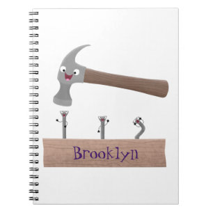 Cute, funny hammer and nails cartoon illustration notebook
