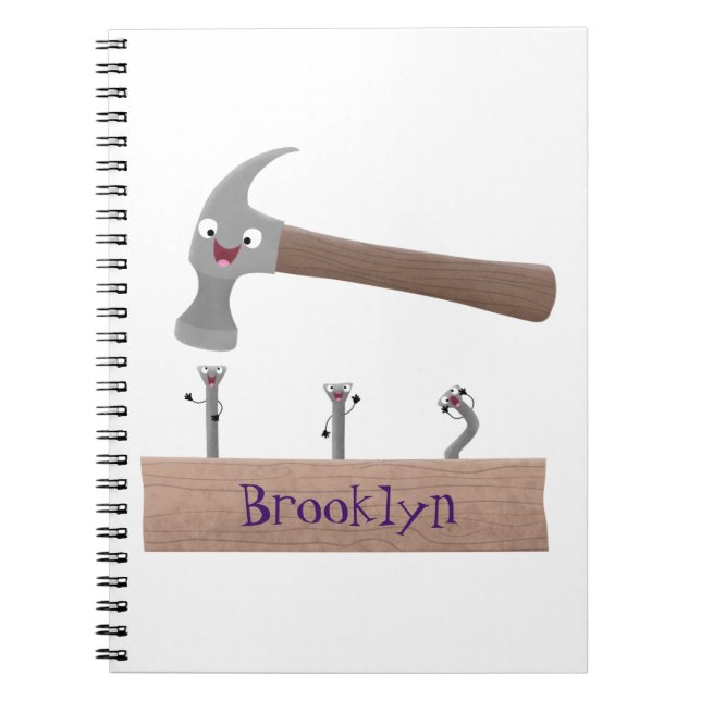 Cute, funny hammer and nails cartoon illustration notebook (Front)