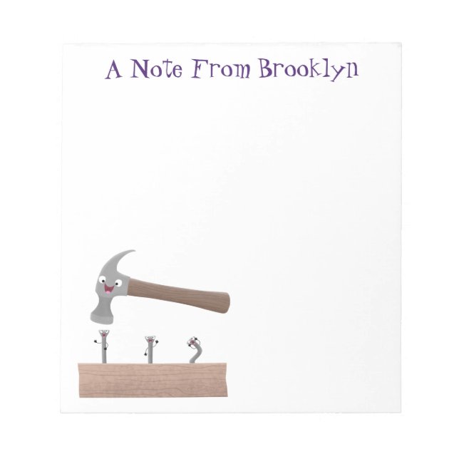 Cute, funny hammer and nails cartoon illustration  notepad (Front)