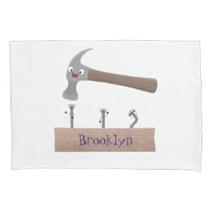 Cute, funny hammer and nails cartoon illustration pillowcase