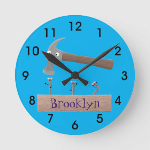 Cute, funny hammer and nails cartoon illustration round clock