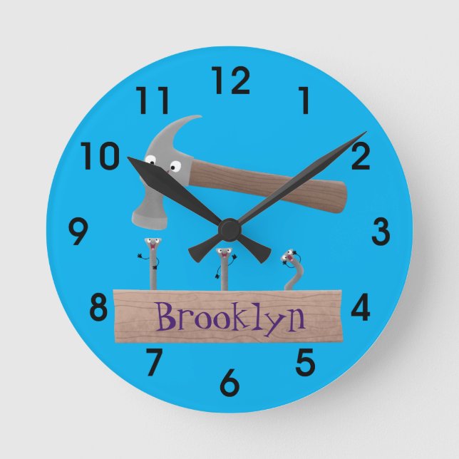 Cute, funny hammer and nails cartoon illustration round clock (Front)