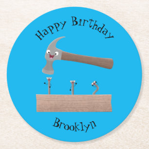 Cute, funny hammer and nails cartoon illustration round paper coaster