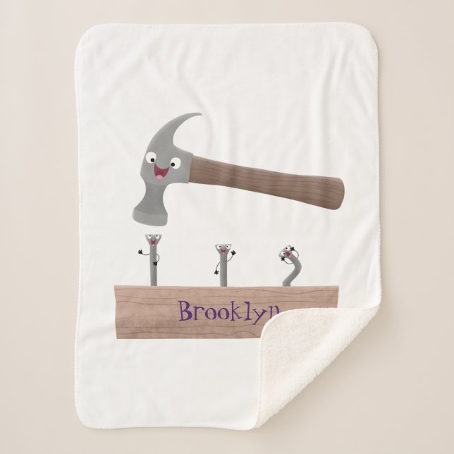 Cute, funny hammer and nails cartoon illustration sherpa blanket (Front)
