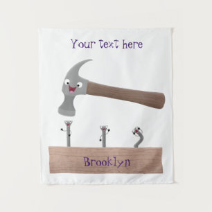 Cute, funny hammer and nails cartoon illustration tapestry