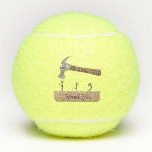 Cute, funny hammer and nails cartoon illustration tennis balls