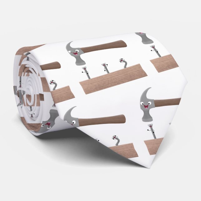 Cute, funny hammer and nails cartoon illustration  tie (Rolled)
