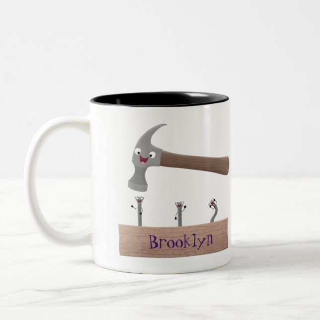 Cute, funny hammer and nails cartoon illustration  Two-Tone coffee mug (Left)