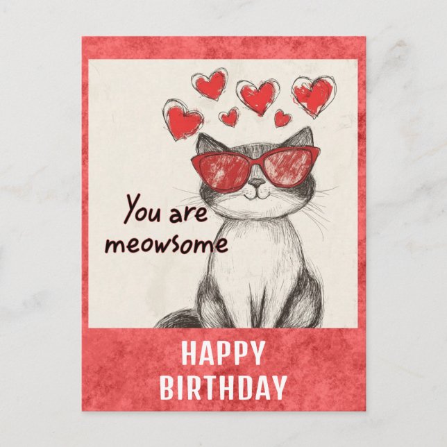 Cute Funny Happy Birthday Cat Hearts Postcard (Front)