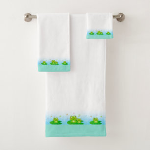 Cute Funny Happy Frogs on White & Turquoise Bath Towel Set