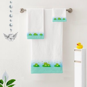 Cute Funny Happy Frogs on White & Turquoise Bath Towel Set