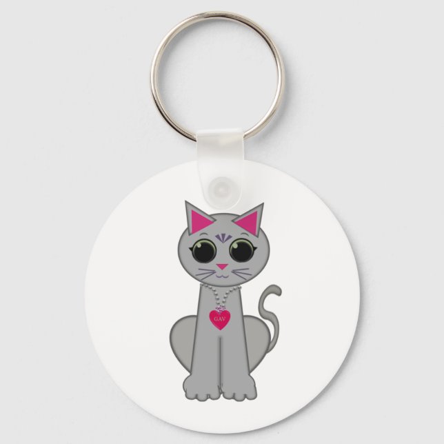Cute Funny Happy Grey Cat Key Ring (Front)