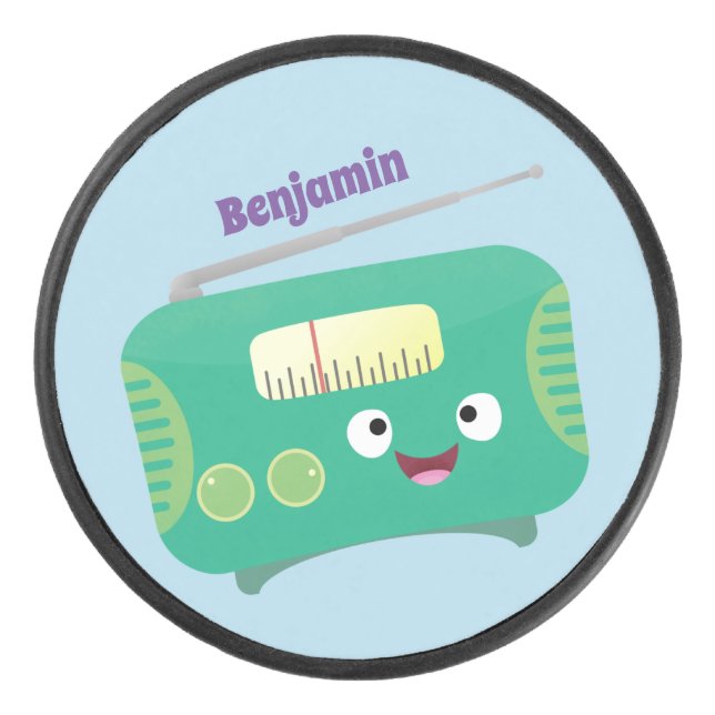 Cute funny happy retro radio cartoon hockey puck (Front)
