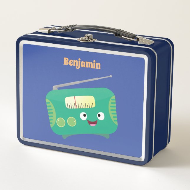 Cute funny happy retro radio cartoon metal lunch box (Front)