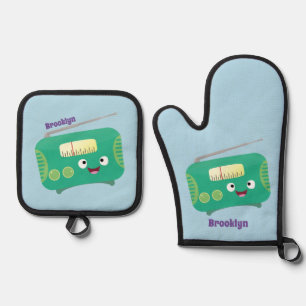 Cute funny happy retro radio cartoon oven mitt & pot holder set