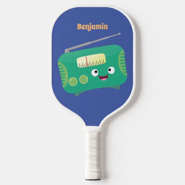 Cute funny happy retro radio cartoon  pickleball paddle (Front)
