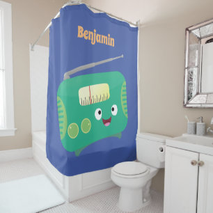 Cute funny happy retro radio cartoon shower curtain