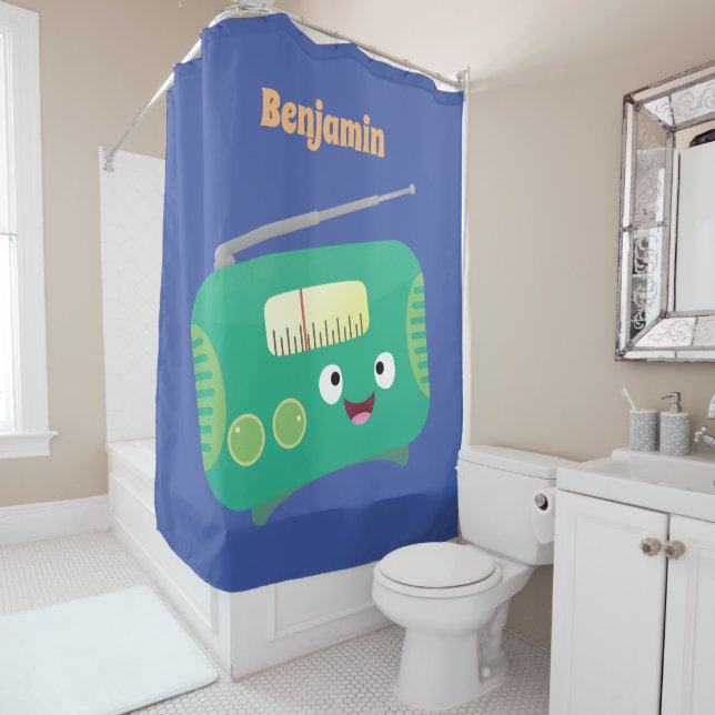 Cute funny happy retro radio cartoon shower curtain (In Situ)