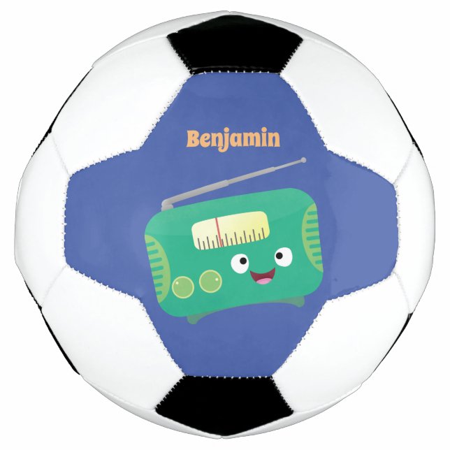 Cute funny happy retro radio cartoon soccer ball (Front)
