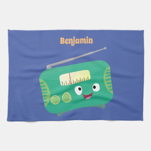 Cute funny happy retro radio cartoon tea towel