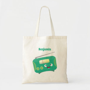 Cute funny happy retro radio cartoon tote bag