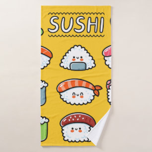Cute funny happy sushi maki rolls cartoon seamless bath towel