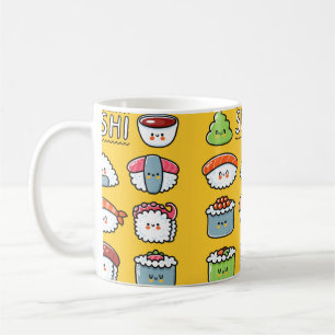 Cute funny happy sushi maki rolls cartoon seamless coffee mug
