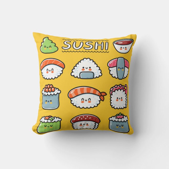 Cute funny happy sushi maki rolls cartoon seamless cushion (Front)